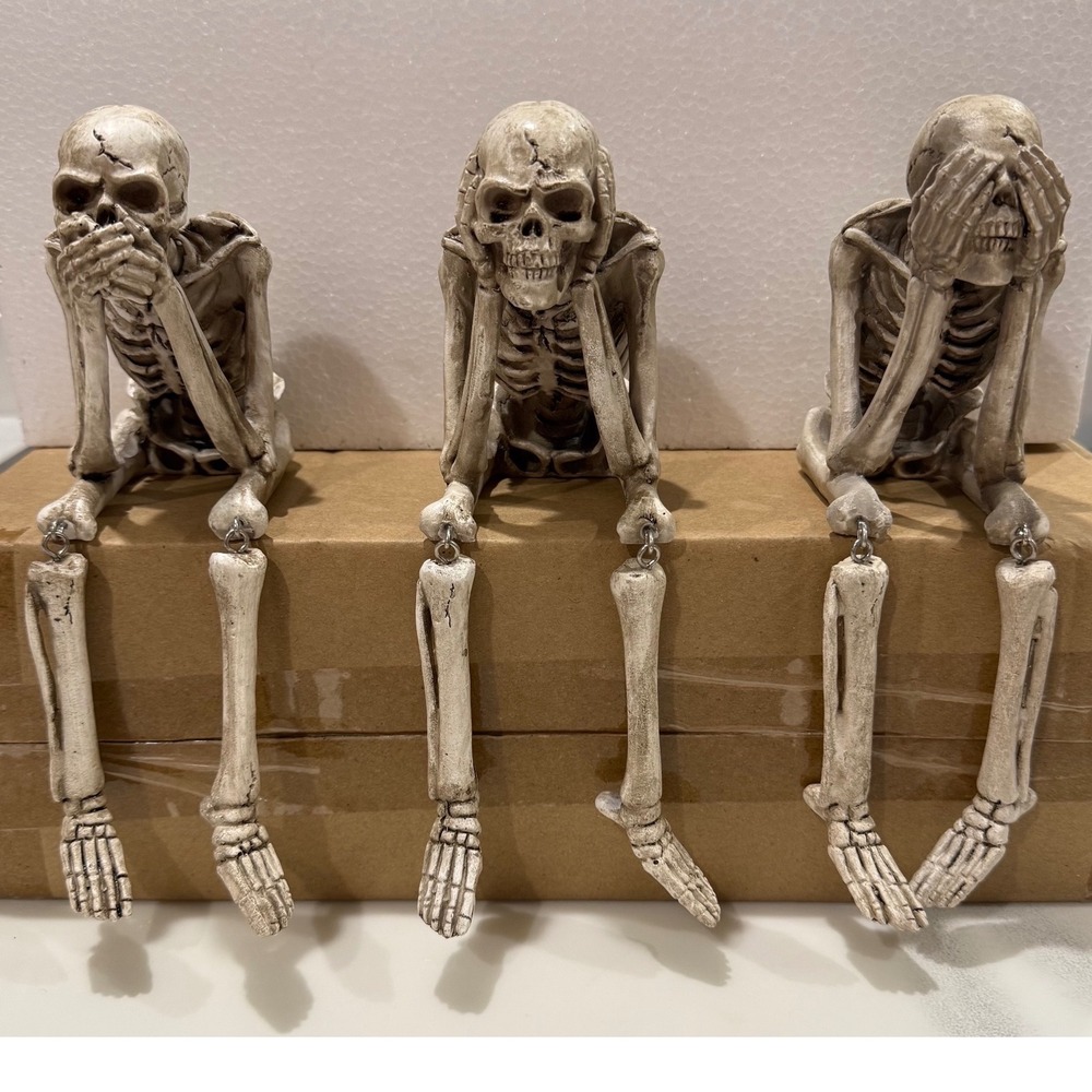 Set of 3 Halloween Statues See Speak Hear No Evil Skeleton Figurines Realisti...